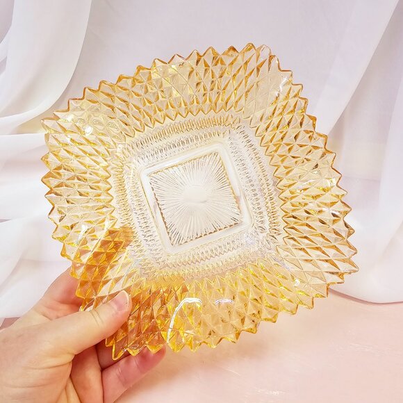 Peach Diamond Point Carnival Glass Ruffled Edge Candy Dish, Indiana Glass - Picture 7 of 8